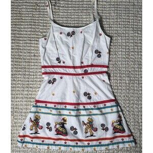Vintage Y2K Fiesta Mini Dress White Mexican Folk Print Spaghetti Strap Small